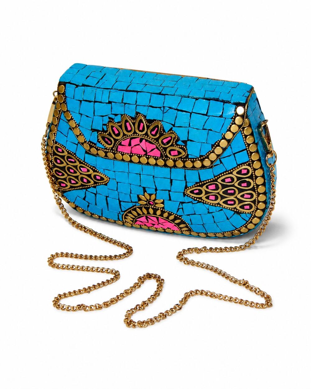 RAMLA Handmade Turquoise Mosaic Metal Clutch Crossbody Bag Brass Chain Boho